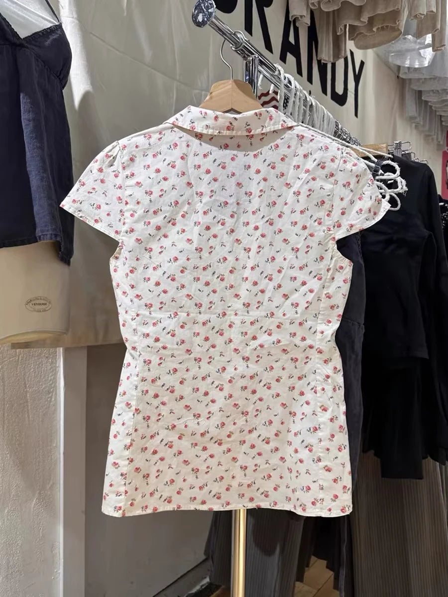 Red Floral Slim T-shirt Blouse Woman New Casual Turn-Down Collar Single Breasted Short Sleeve Tees Vintage Sweet Cute Tshirt Top