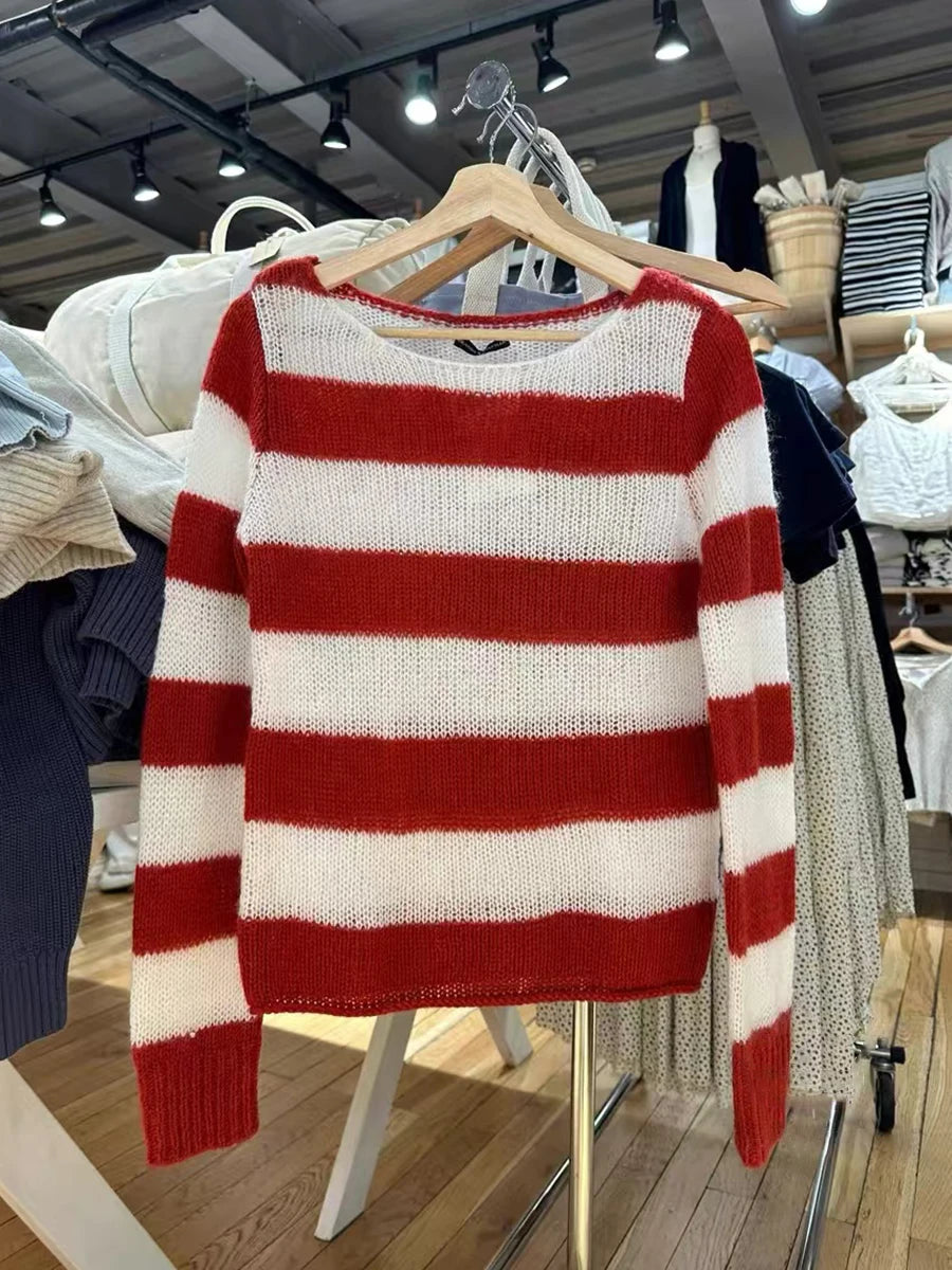 Vintage Striped Hollow Out Mohair Long Sleeve T-Shirt Women Sweetwear Scoop Neck Cotton Thin Smock Sweet Cute Tee Shirt Tops Y2K