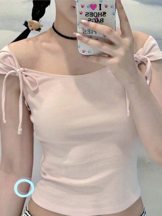 Bow Lace-up Cotton Short Sleeve Tee Women Slim Streetwear Casual  Square Collar Crop Tops Sweet Cute Preppy Style Top Y2K Tshirt