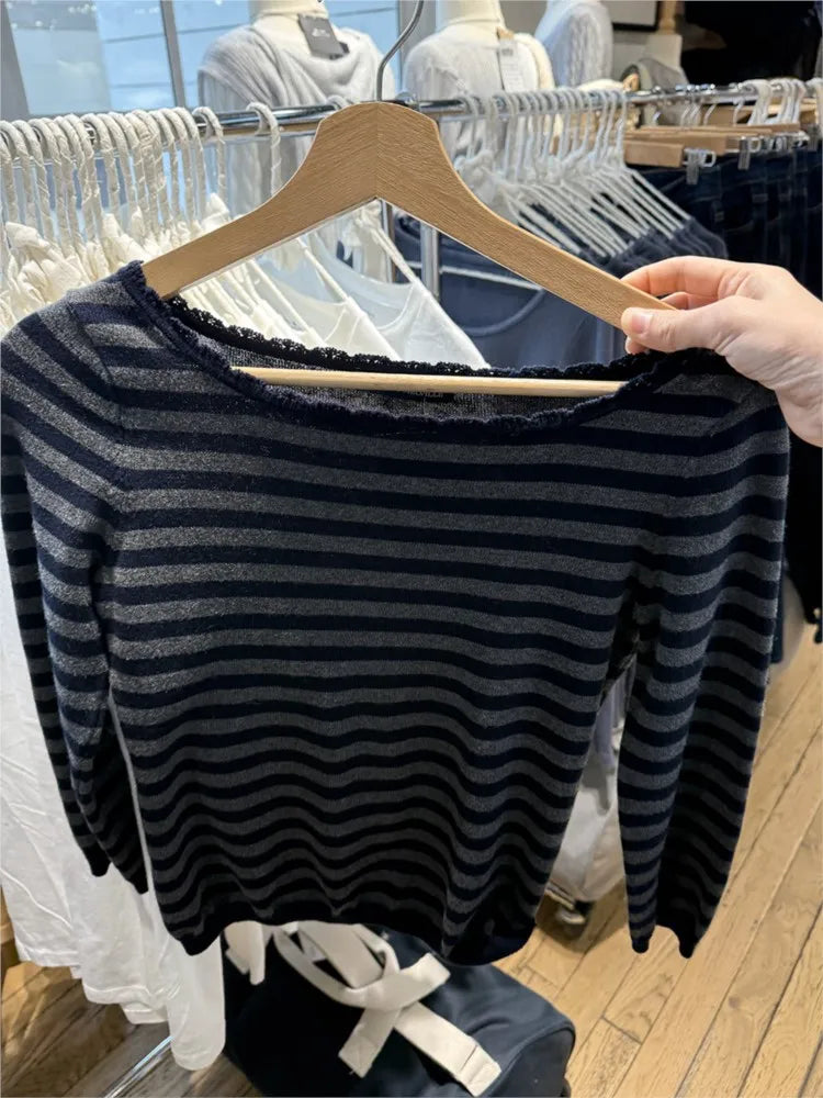 Striped Lace Trim Scoop Neck T-shirts Woman Spring Cotton Slim Navy Three Quarter Sleeve Crop Top Vintage Knitted Tee Shirts