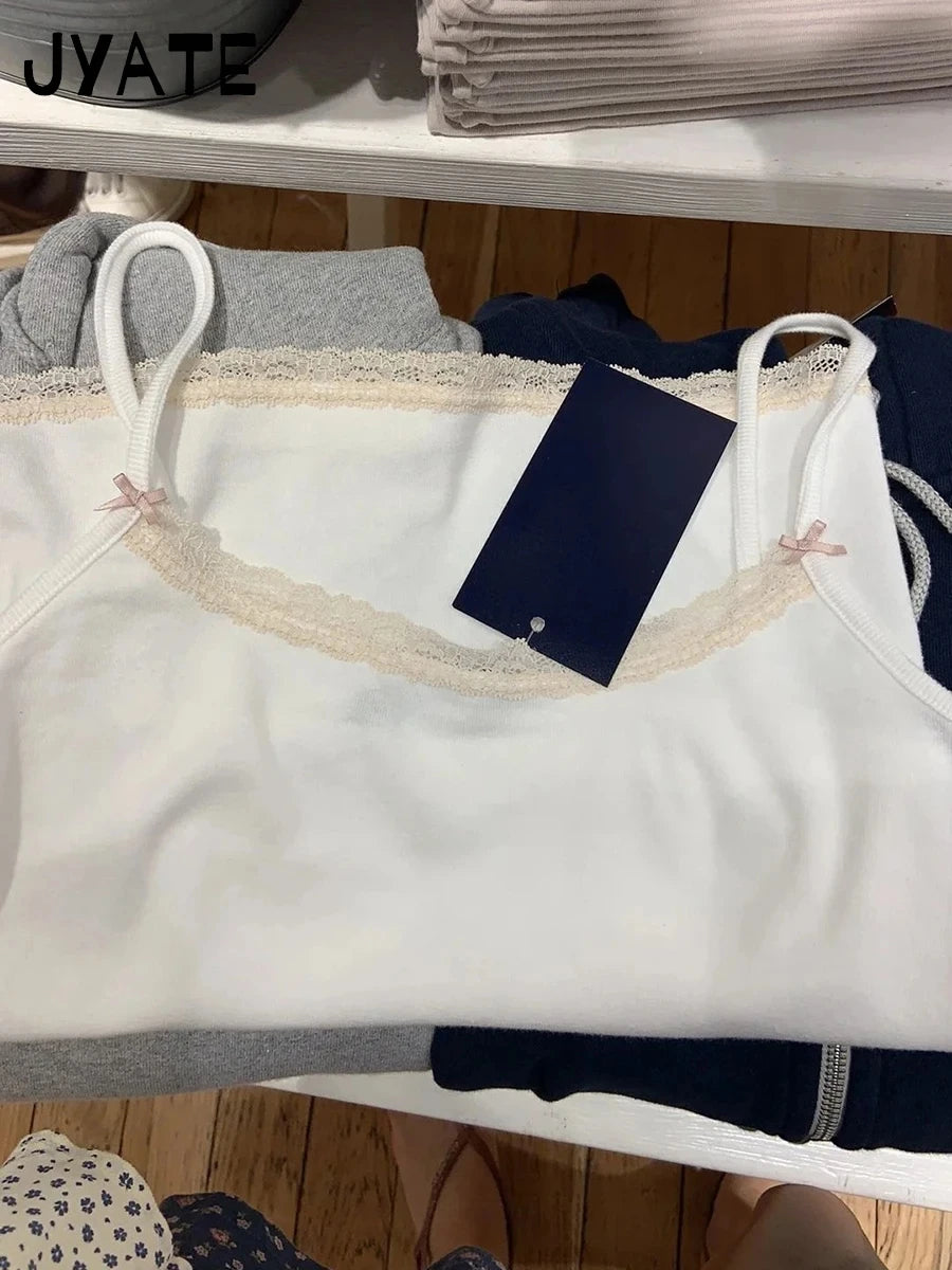 White Lace Trim Bow Slim Tank Tops Women Summer New Cotton Casual Basic Sleeveless Cropped Vests Sweet Chic Vintage Camisole Y2K