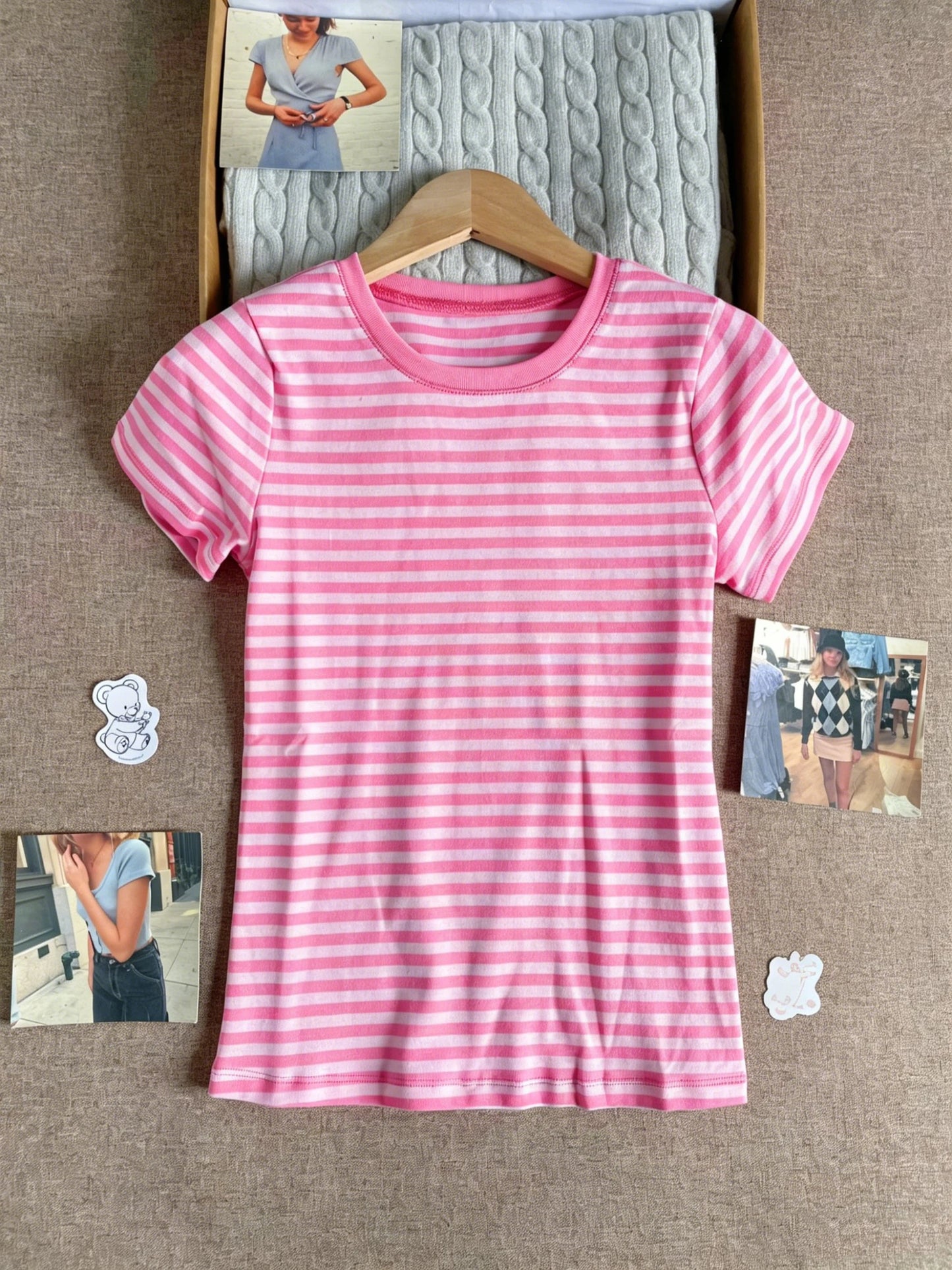Pink Striped Slash Neck T-shirt Women Summer Casual Streetwear Slim Cotton Short Sleeve Tees Colthes Sweet Cute Simple Tops Y2K