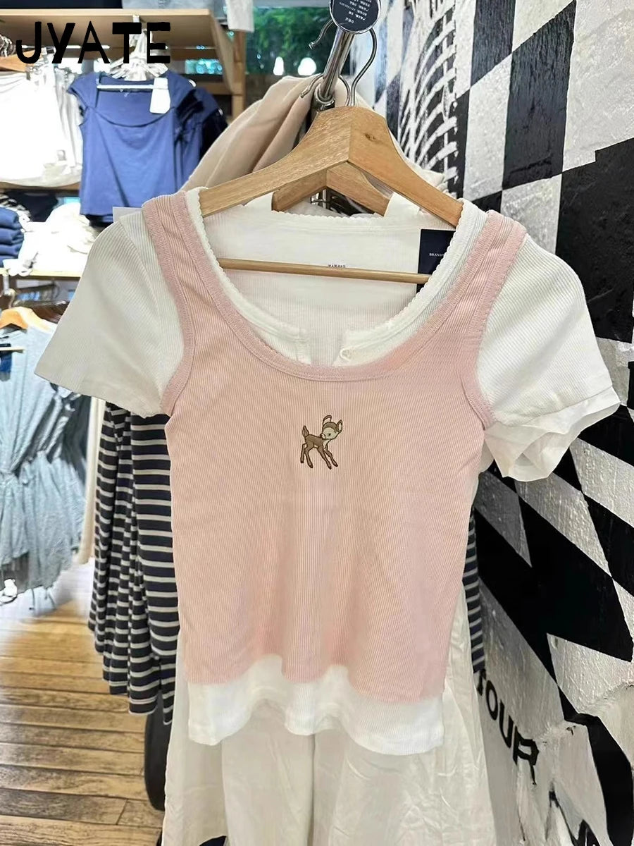 Pink Little Deer Embroidery Tank Tops Women New Ribbed Cotton Raw Hem U Collar Slim Sleeveless Vests Cute Sweet Vintage Camisole