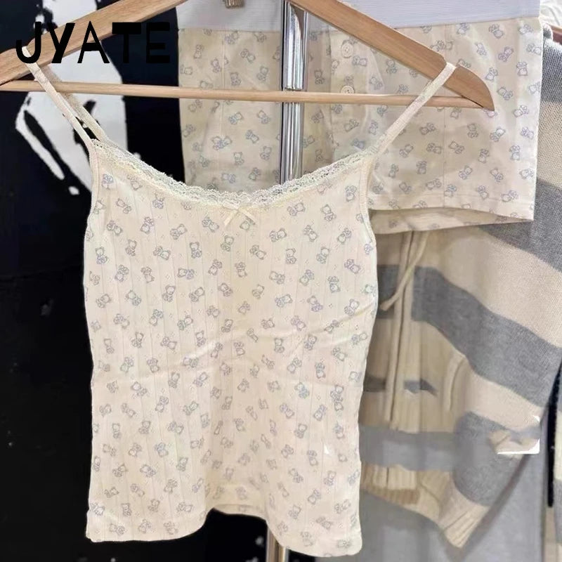 Cute Little Duck Bow Tank Tops Women Summer New Cotton Soft Chic Slim Eyelet Sleeveless Vests Sweet Casual Vintage Camisole Y2K