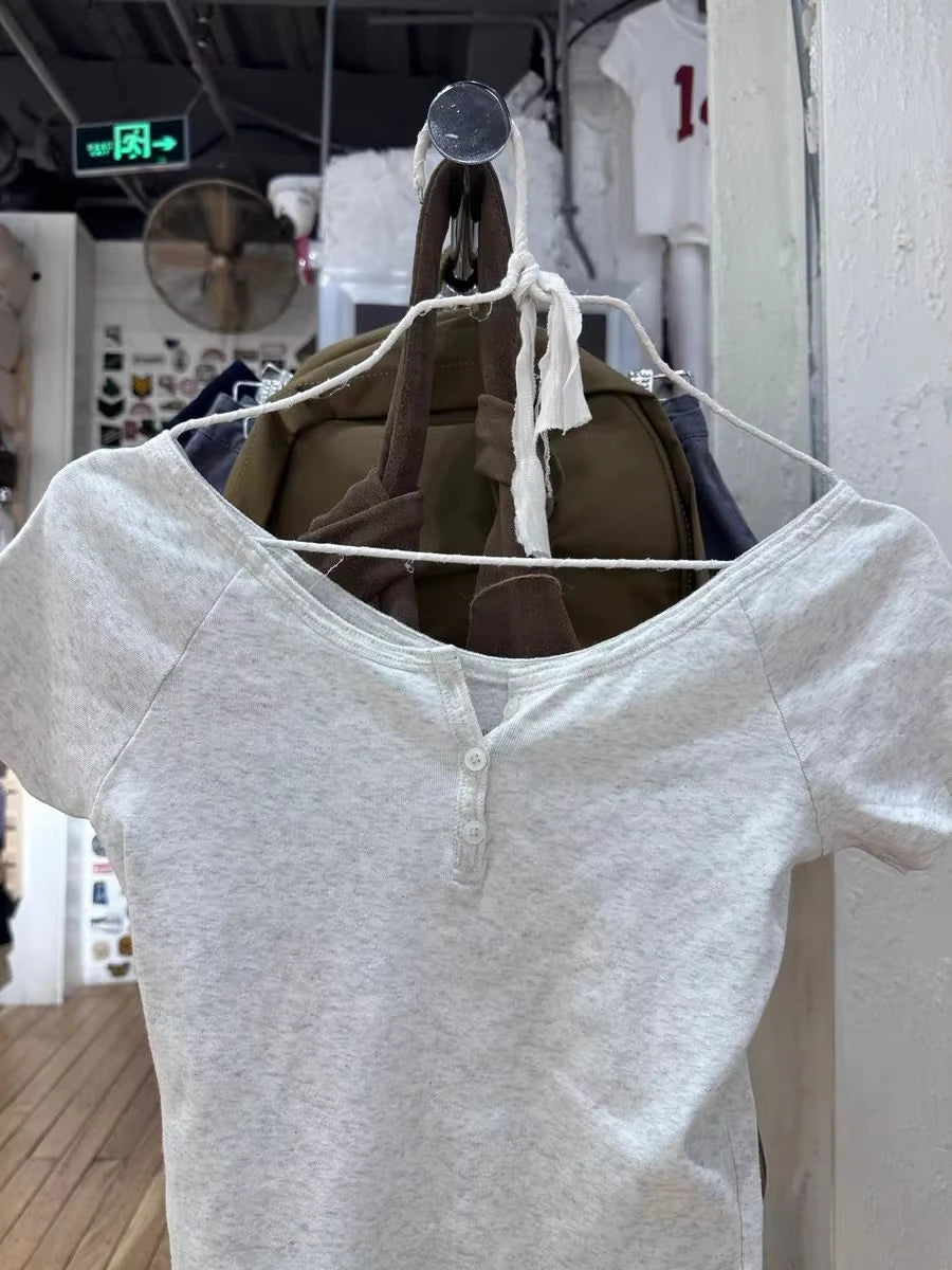 Buttons T-shirt Woman Cotton Simple Basic Scoop Neck Short Raglan Sleeve Slim Tee Shirt Cute Casual All-match Crop Top Y2k