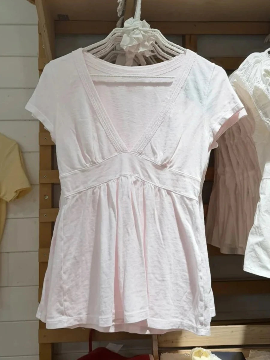 Pink Deep V-neck Long T-shirts Women Summer Casual Cute Short Sleeve Slim Tee Shirts Sweet Simple All-match Cotton Tshirt y2k