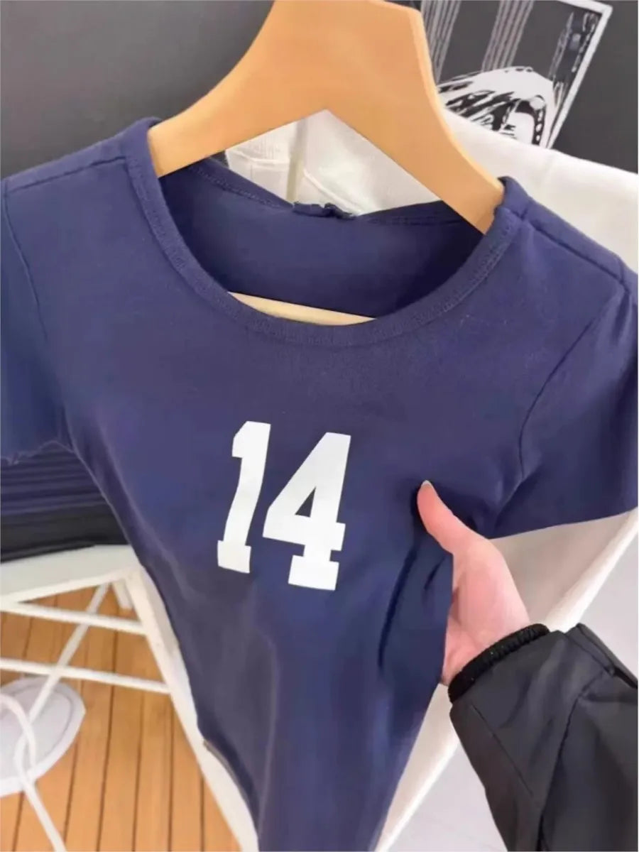 NO.14 Print Slim Navy T-shirts Women New Cotton Casual O-neck Short Sleeve Tees Girl American Vintage Streetwear Tshirt Y2K Tops