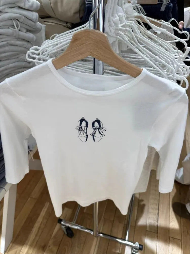Sweet Ballet Shoes Print Half Sleeve T-shirt Women Autumn Cotton Round Neck Slim Tee Shirt Female Cute Preppy Style Y2K Crop Top