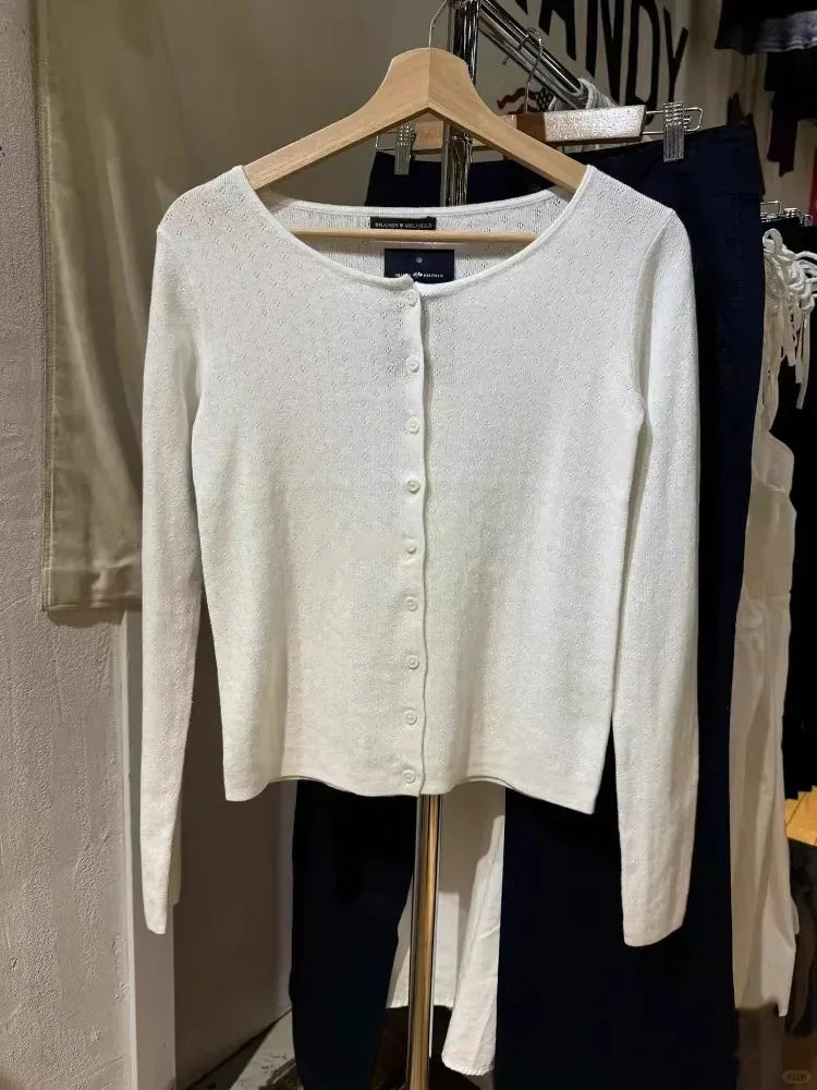 Simple Pockets Slim Knitted Sweater Cardigan Woman O-Neck Long Sleeve Cotton Sweaters Sweet Preppy Style Knitwear Coat Y2K Tops