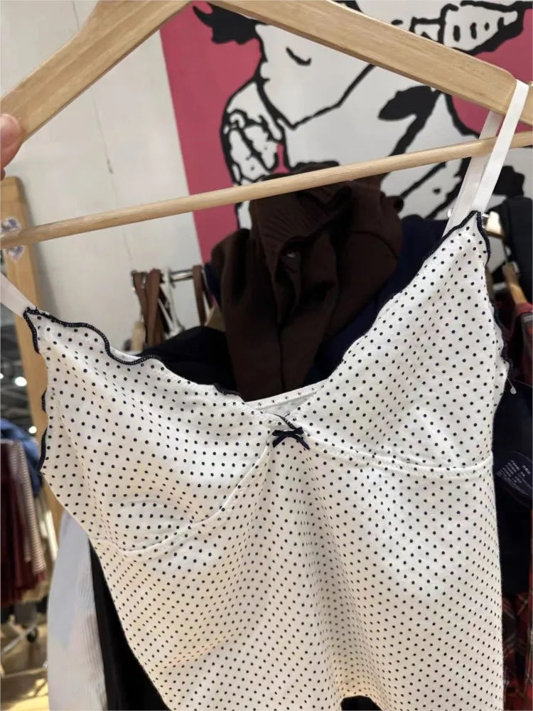 New Black Dot Fungus Trim Bow Crop Top Women Summer Cotton Slim V-neck Sleeveless Camisole Sweet Cute Preppy Style Tank Tops Y2K