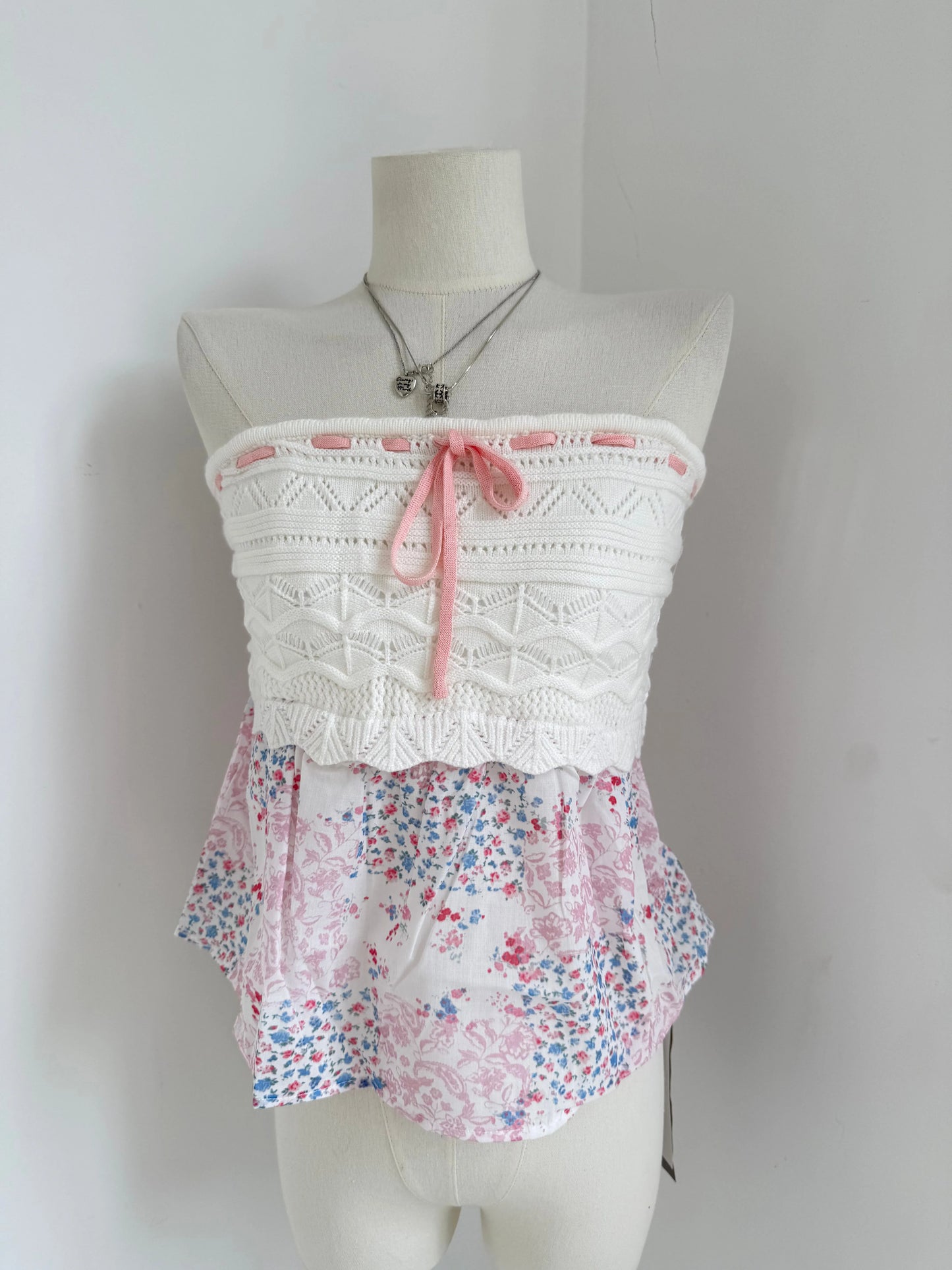 Sweet Knitted Patchwork Tube Tops Woman Lace-up Strapless Floral Hem Slim Cropped Camisole Female Streetwear Sexy Crop Top Y2K