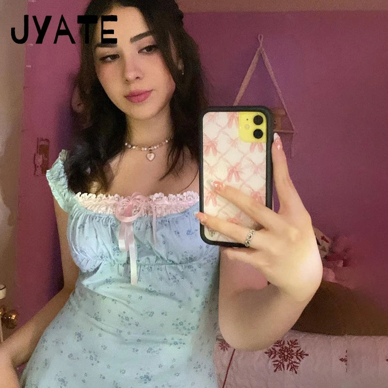 Floral Square Neck Lace-up Tank Tops Women Summer New Casual Preppy Style Slim  Sleeveless Vests Sweet Cute Vintage Camisole Y2K