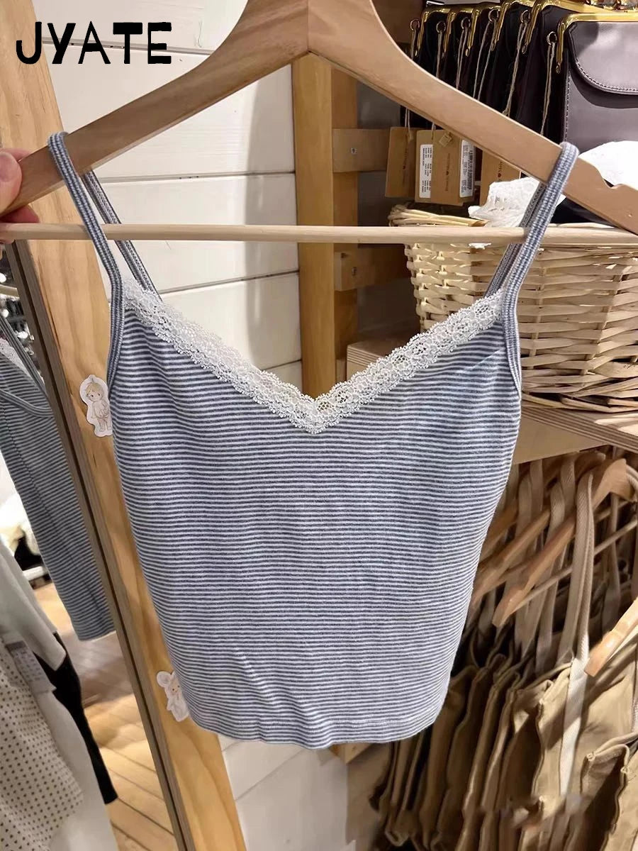 Sexy Lace Trim Cotton V-neck Camisole Women Summer New Blue Striped Casual Slim Sleeveless Vest Sweet Vintage Chic Tank Tops Y2K