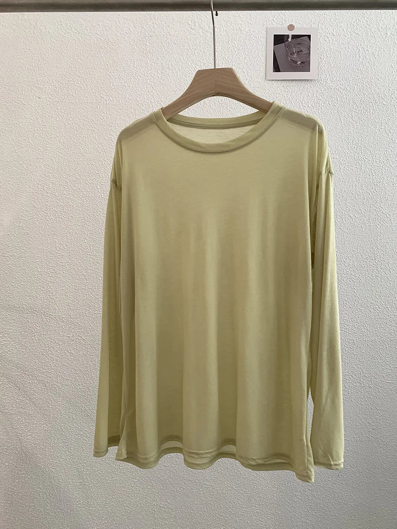 Sweet Thin Sun Protection T-shirts Women Summer Casual Streetwear Lyocell O-neck Long Sleeve Tees Chic Preppy Style Tops Y2K New