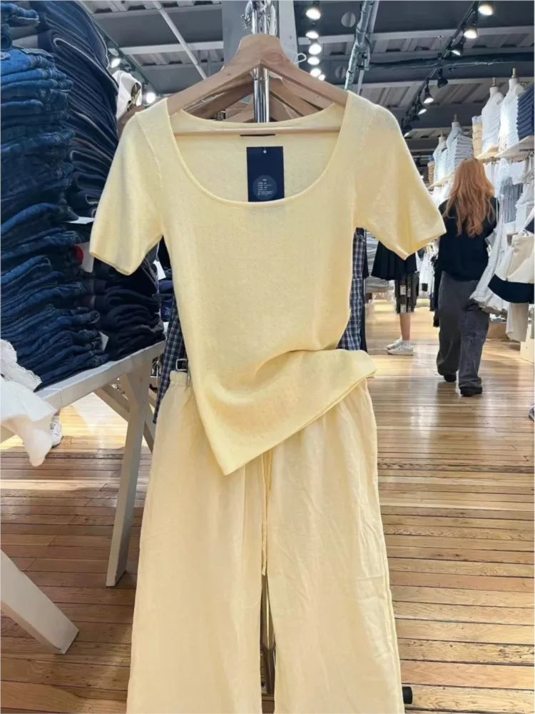 Yellow Eyelet Short Sleeve Tees Women Summer New Cotton Soft Casual Simple Square Collar T-shirts Preppy Style Sweet Cute Tops