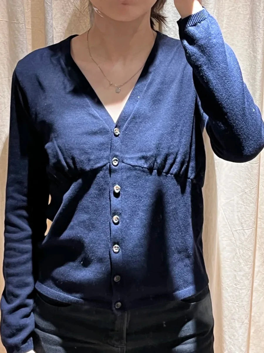 Navy V-neck Knitted Cardigan Women Autumn New Casual Streetwear Buttons Long Sleeve Coat Sweet Preppy Style Cotton Sweaters Tops