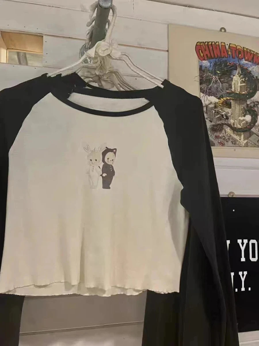 Cute Cartoon Angel Cotton Long Sleeve Tee Women New Casual Patchwork Streetwear T-shirts Female Sweet Vintage Y2K Baby Crop Tops