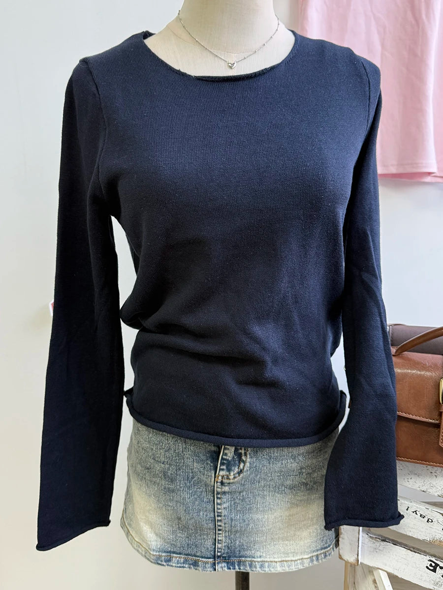 Fashion Navy Blue Cotton Knit T-shirts Women Spring Casual Streetwear Basic Raw Hem Long Sleeve Tee Female Vintage Chic Y2K Tops