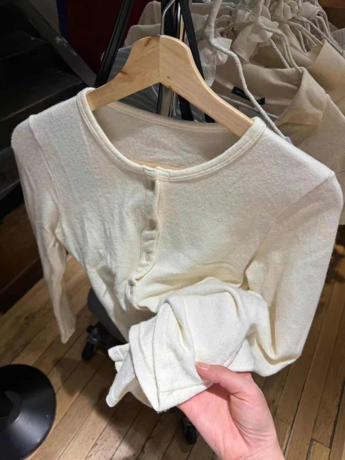 Beige Knitted Long Sleeve T-shirt Autumn New Cute O-neck Single Breasted Cotton Slim Tees Women Simple All-match Sweet T Shirts
