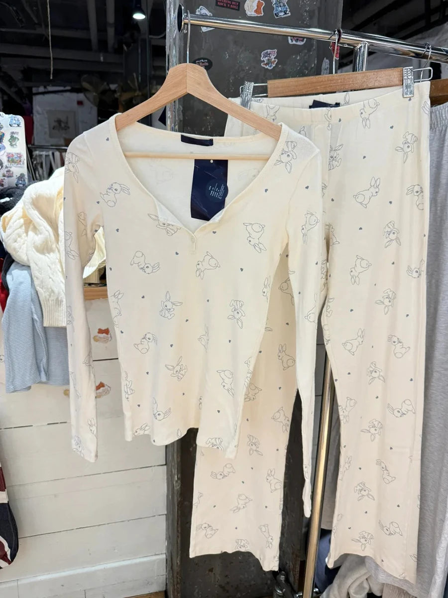 Cute Rabbits Print Button Long Sleeve Tops Women New Cotton Slim Casual Preppy Style Tee Shirt Vintage Sweet Pajama T-shirts Y2K