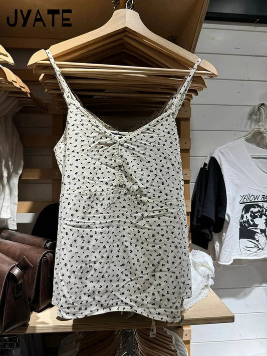 Floral Print Buttons V-neck Tank Tops Women New Casual Streetwear Cotton Preppy Sleeveless Vests Sweet Cute Vintage Camisole Y2K