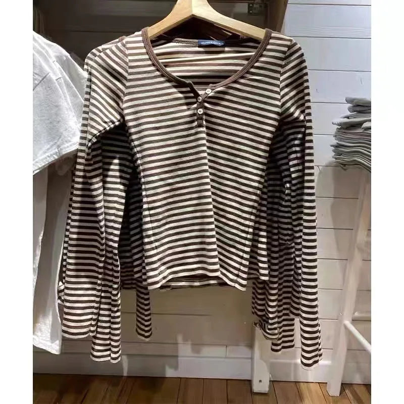 Vintage Striped Long Sleeve T-shirt Woman Spring New Y2K O-Neck Cotton Slim Tshirts Tops Female Cute Preppy Style Tee Shirts