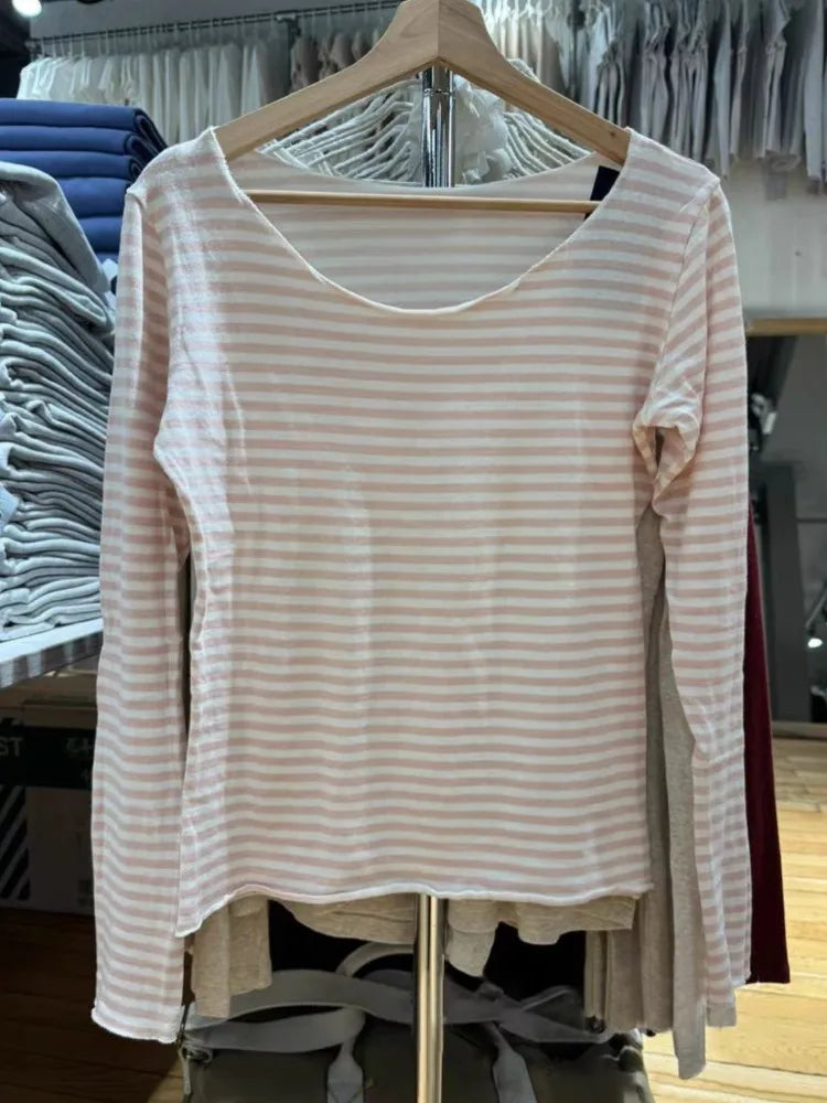Vintage Striped Sexy Slash Neck Slim T Shirt Women Casual Streetwear Cotton Long Sleeve Tees Casual Sweet Basic T-shirts Y2K New