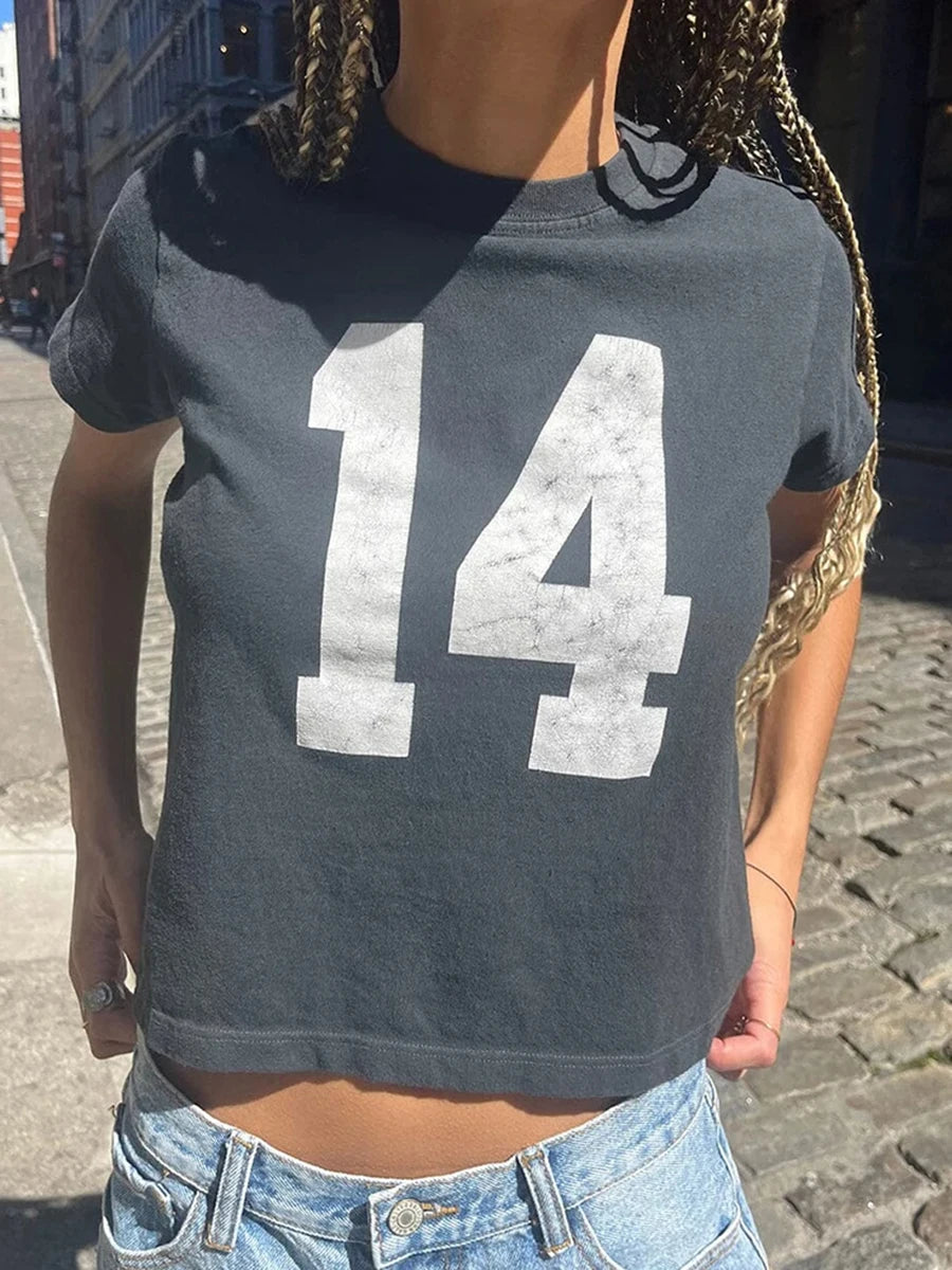 Classic Number Graphic Print Cotton T-shirts Women Summer Soft Casual Loose O-neck Short Sleeve Tees Vintage Streetwear Y2K Tops