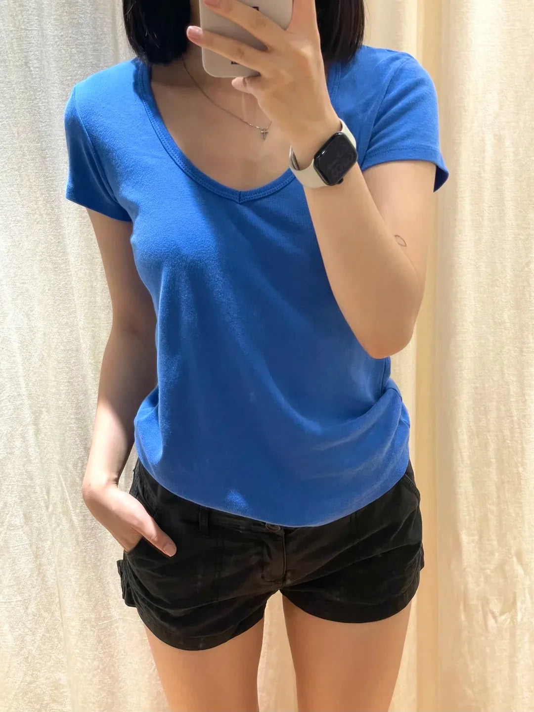 Royal Blue V-neck T-shirts Women Summer Cotton Slim Casual Streetwear Short Sleeve Tees Sweet Vintage Chic Tshirt Y2K
