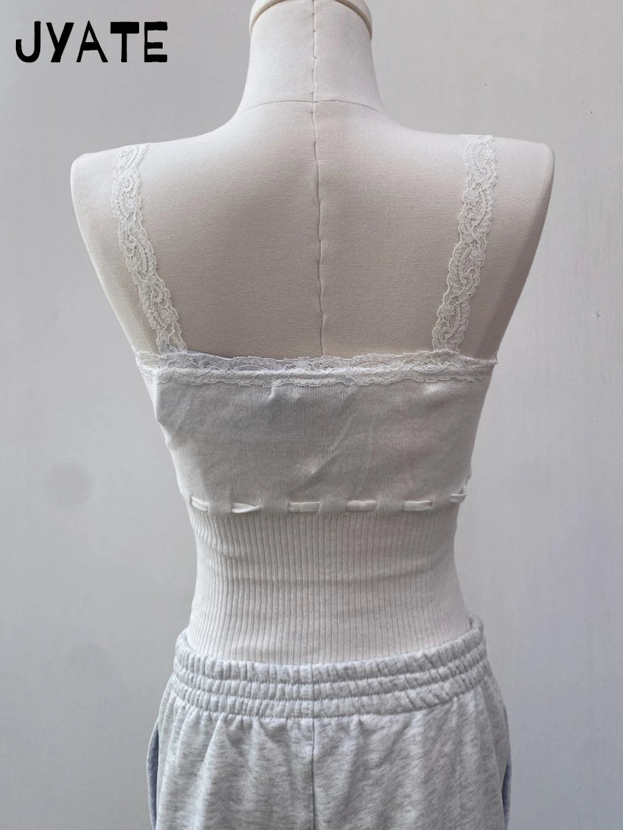 Sweet White Lace Trim Drawstring Knit Tank Tops Women Summer New Simple Cotton Slim High Waist Camis Cute Vintage Chic Vests Y2K