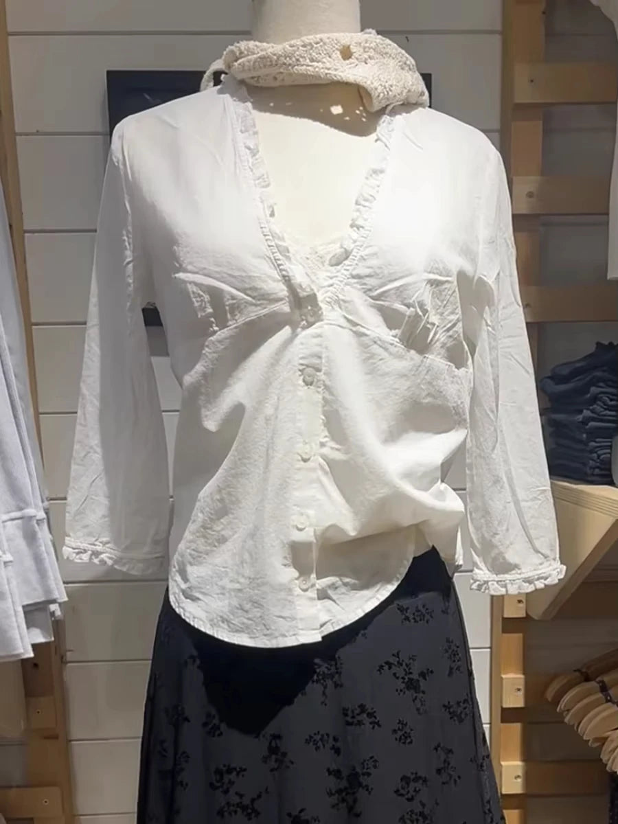 White Ruffles  Single Breasted T-Shirt Blouse Women Summer V-neck Haft Sleeve Tee Shirts Simple Sweet All-match Thin Tshirts New