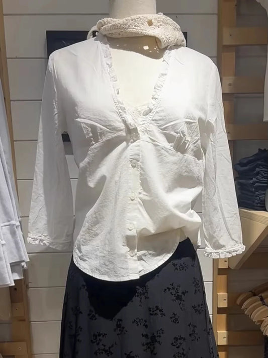 White Ruffles  Single Breasted T-Shirt Blouse Women Summer V-neck Haft Sleeve Tee Shirts Simple Sweet All-match Thin Tshirts New
