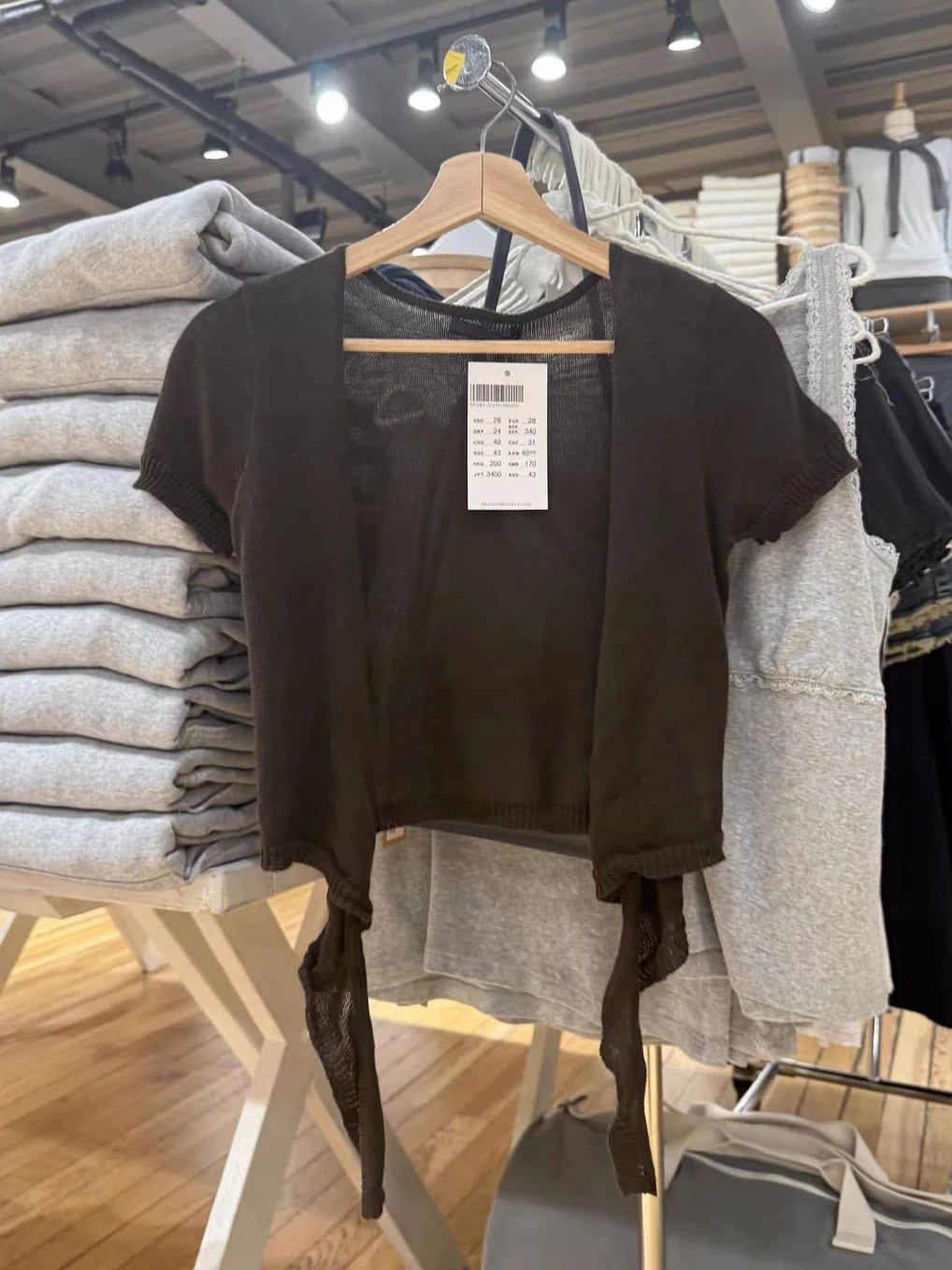 Wrap Knitwear Woman Cotton Lace-up Cropped Smock Brown Casual Simple Solid Sweet Short Sleeve Cardigan Sweet All-match Crop Tops
