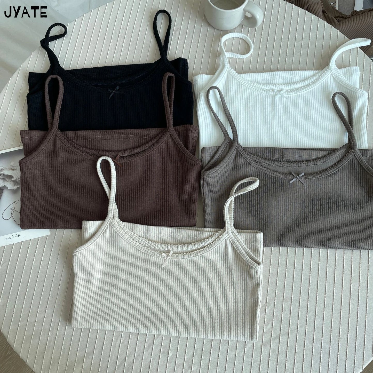 Solid Ribbed Bow O-neck Tank Tops Women Summer New Casual Fashion Slim Sleeveless Cropped Vests Vintage Sweet Cute Camisole Y2K