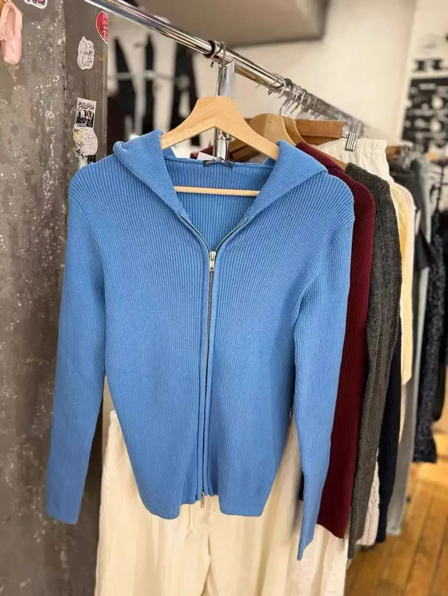 Burgundy Knitted Hoodies Tops Women Autumn New Casual Cotton Double Zipped Jumpers Coat Vintage Chic Basic Cardigan Sweaters Y2K