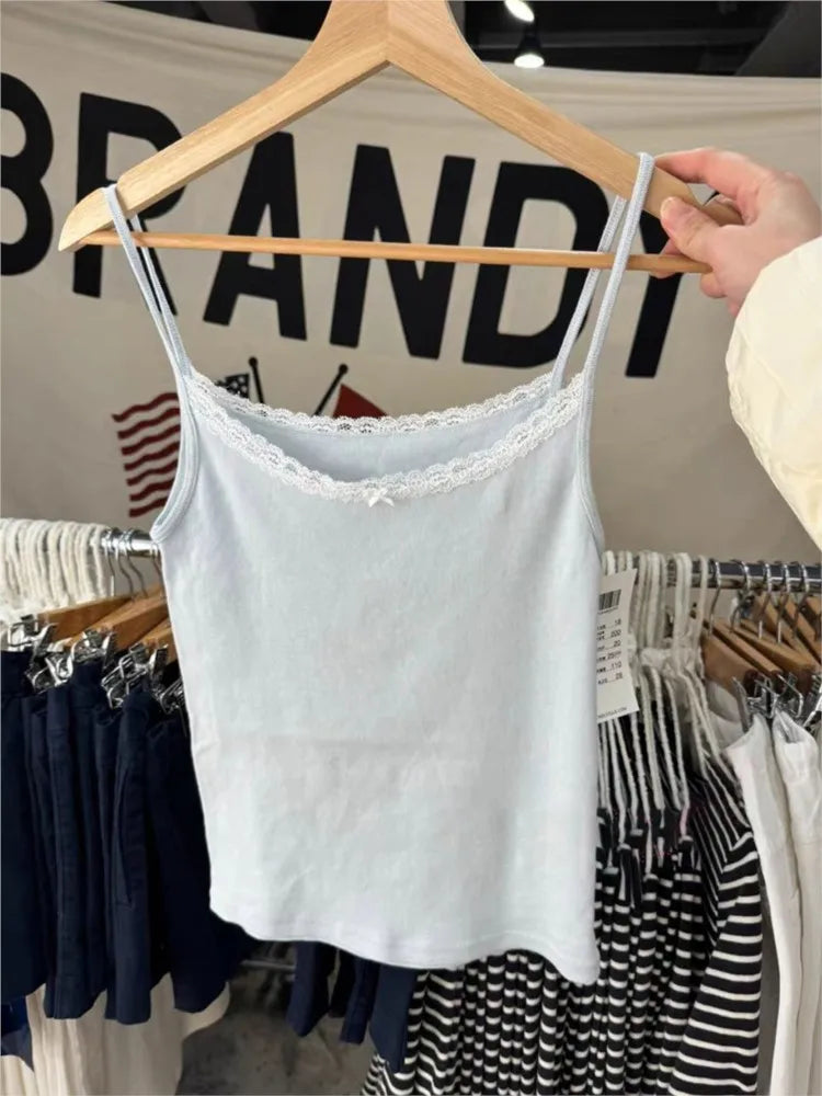 Sweet Bow Lace Trim Blue Slim Tank Top Women Summer New Sweatwear Sleeveless Cotton Slim Camis Casual Cute Simple Vest Tops Y2K