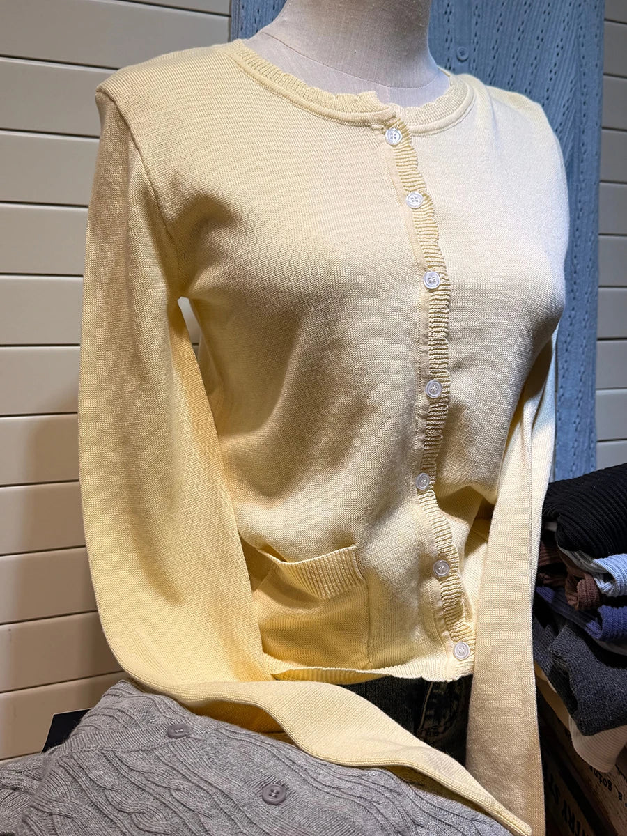 Christmas Red Pockets Slim Knitted Cardigan Woman O-Neck Long Sleeve Cotton Sweaters Sweet Preppy Style Knitwear Coat Tops