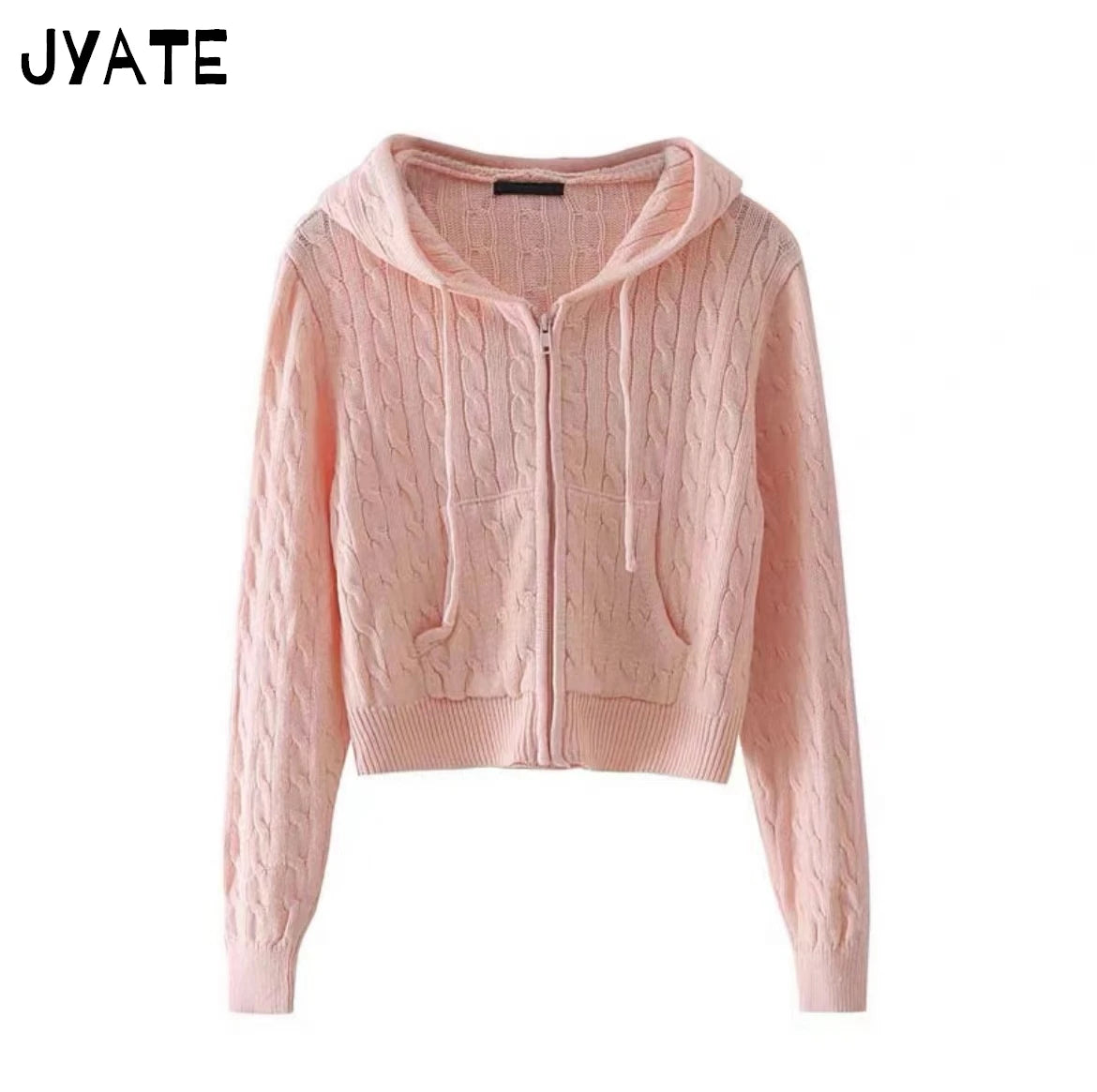 Simple Solid Twisted Flower Knit Cardigan Sweater Women Autumn Long Sleeve Pocket Hooded Zipper Coat Sweet Preppy Style Knitwear