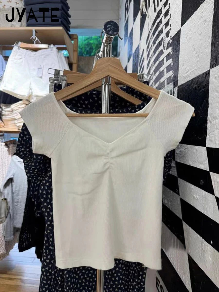 Simple Ribbed Cotton White Folds V-neck T-shirts Women Summer Casual Slim Short Sleeve Cropped Tee Sweet Basic Chic Tops Clothes