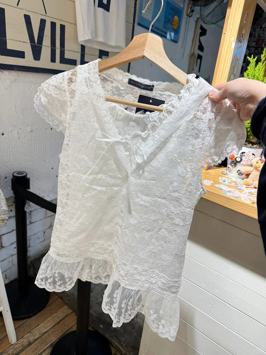 Sweet Jacquard Transparent Crop Tops Women Summer New Bow Lace Mesh V Neck Short Sleeve Tee Vintage Slim Cute Thin T-shirts Y2K