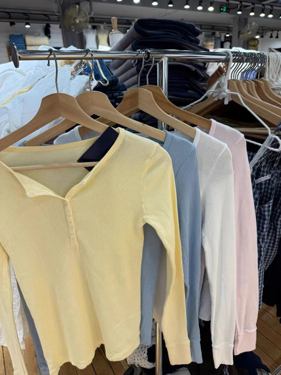 Multiple Colors Basic Long Sleeve Tshirt Autumn O-neck Six Buttons Ribbed Woman's T-shirt Casual Simple Cotton Slim Tee Tops y2k