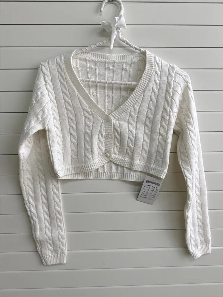 White Cable Knit Cropped Cardigan Women Sexy Chic V-neck Slim Long Sleeve Sweaters Vintage Preppy Style Knitwear Y2K
