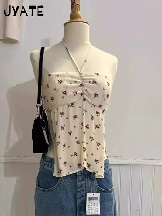 Floral Print Sexy Strap Halter Neck Camisole Women Summer Slim Streetwear Sleeveless Cropped Vests Sweet Cute Vintage Tank Tops
