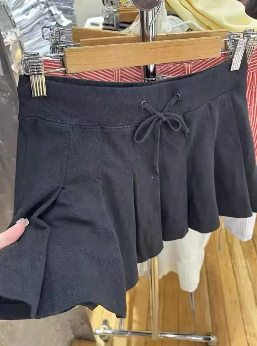 Simple Sweet Waffle A-line Skirts Women Summer New Casual Solid Lace-up High Waist Mini Skirts Streetwear Vintage Chic Y2K Falda