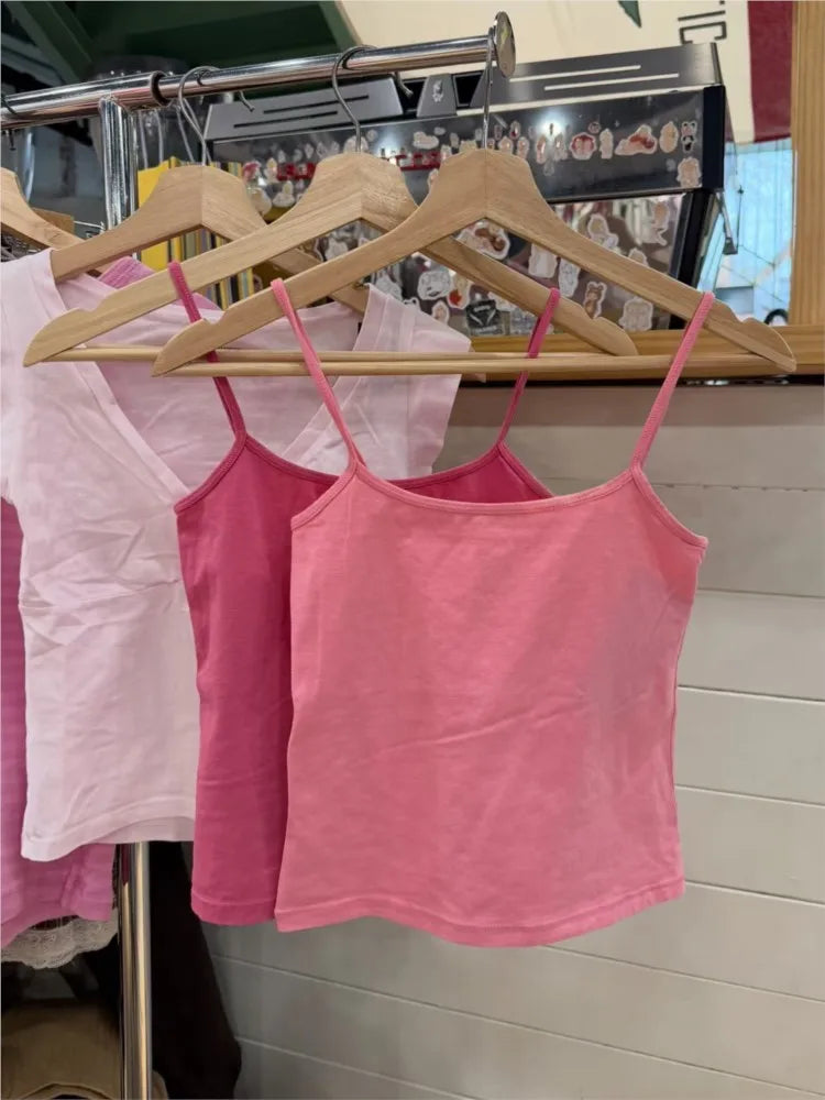 Cute Pink Slim Crop Top Women Summer Simple Cotton Basic Tank Tops Casual Preppy Style Sweet All-match Cropped Camisole