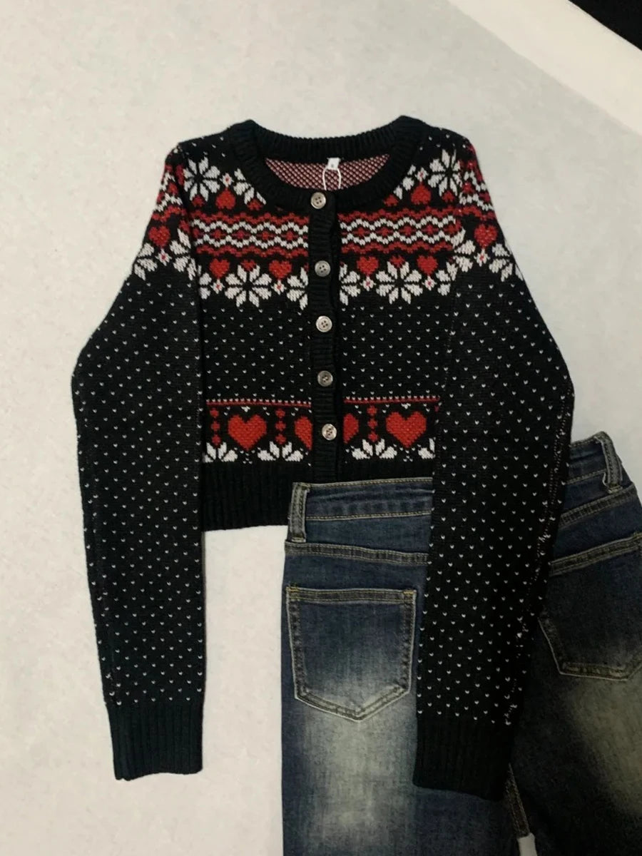 Vintage Fair Isle Jacquard Knitted Cardigan Women Autumn Buttons Long Sleeve Cropped Jumper Coat Sweet Basic Slim Sweaters Tops