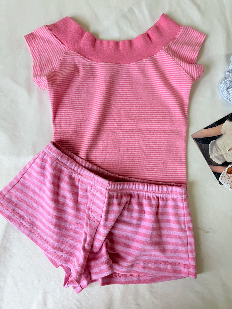 Sweet Pink Striped Collection Tshirt Women Simple Casual Cotton Buttons T-shirts Cute Preppy Style  Y2KCamisole+Slim Short Pants