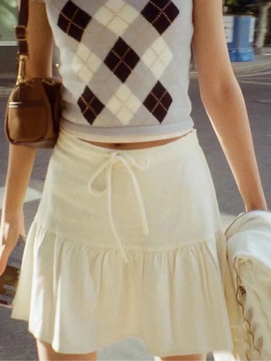 Beige Lace-up A-line Shirks Women New Cotton High Waist Elastic Ruffles Hem Sweet Mini Skirts Vintage Cute Streetwear Chic Falda