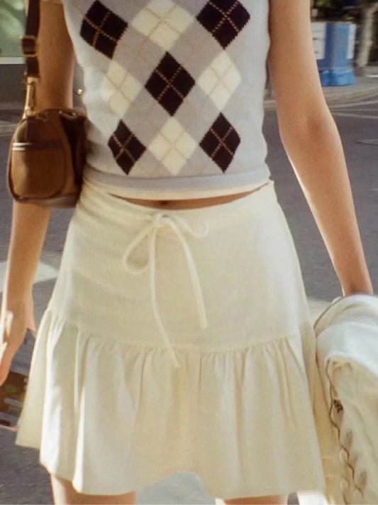 Beige Lace-up A-line Shirks Women New Cotton High Waist Elastic Ruffles Hem Sweet Mini Skirts Vintage Cute Streetwear Chic Falda