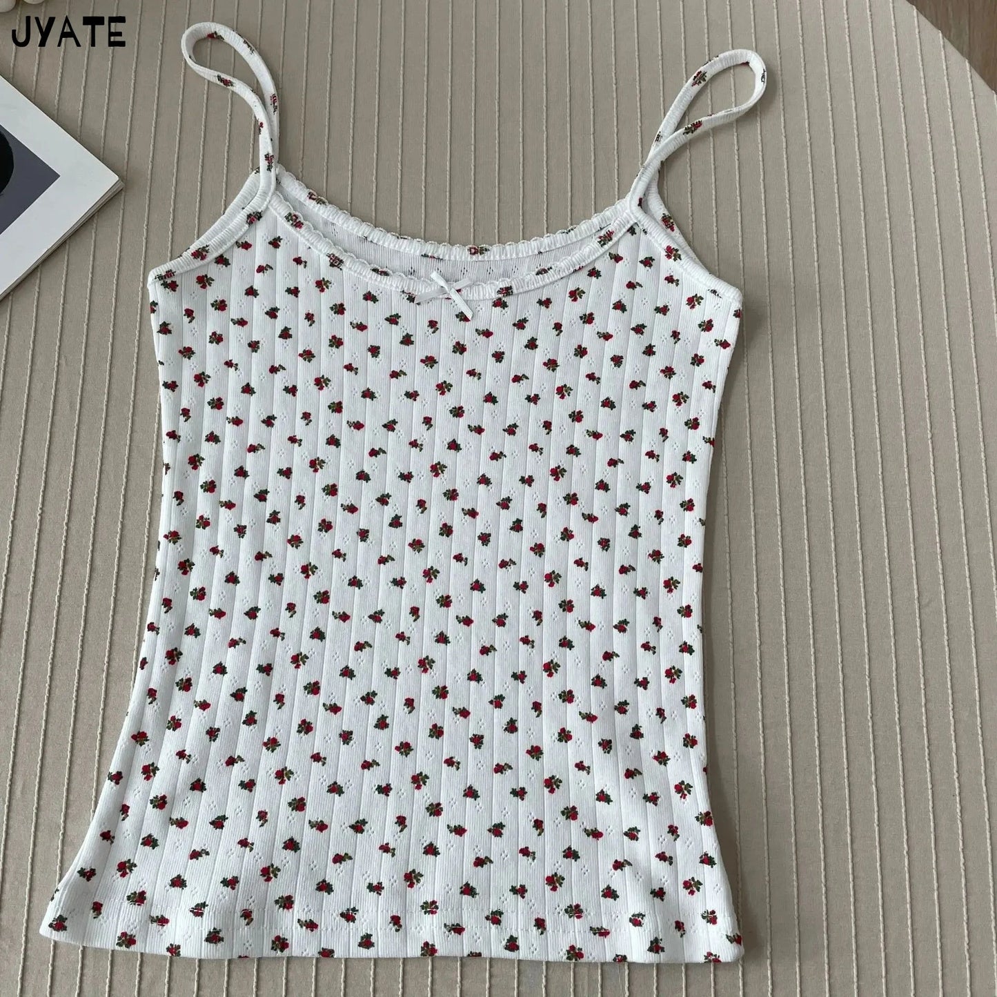 Lace Trim Floral Eyelet Tank Tops Women New Summer Cotton Bow Slim Preppy Style Cropped Vests Sweet Vintage Chic Camisole Y2K